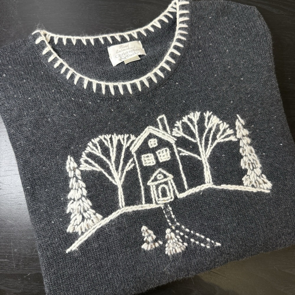 Hand Embroidered Christopher Banks L Charcoal Gray‎ Cottagecore Grandma Holiday